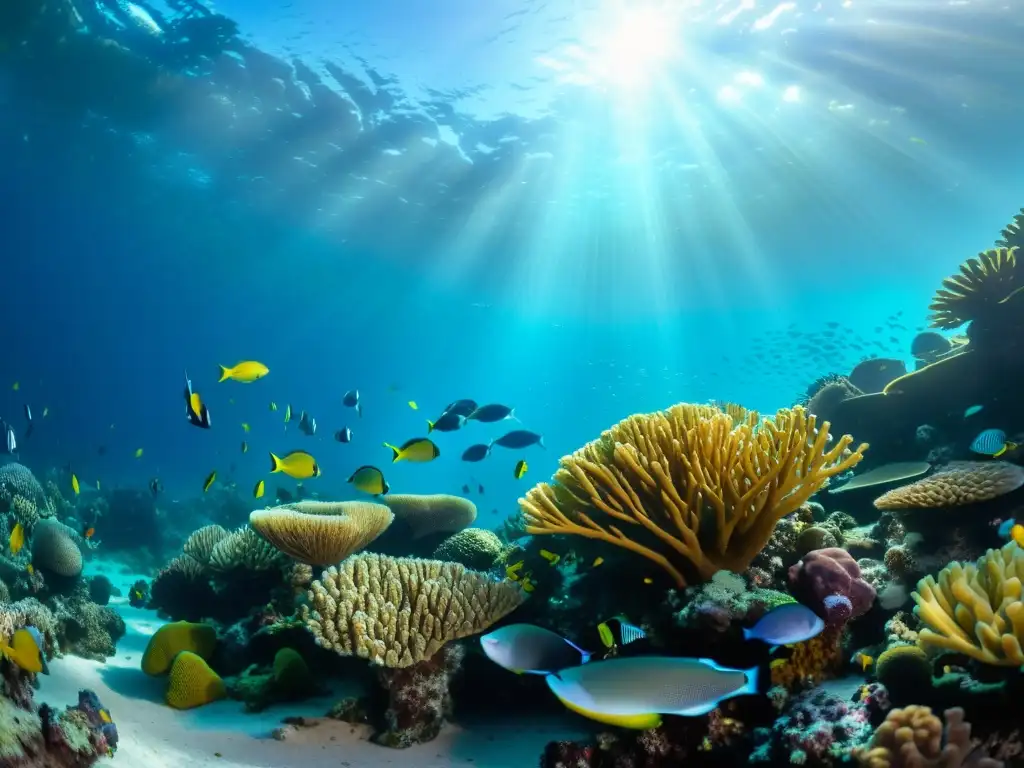 Vibrante arrecife de coral submarino con peces coloridos entre corales