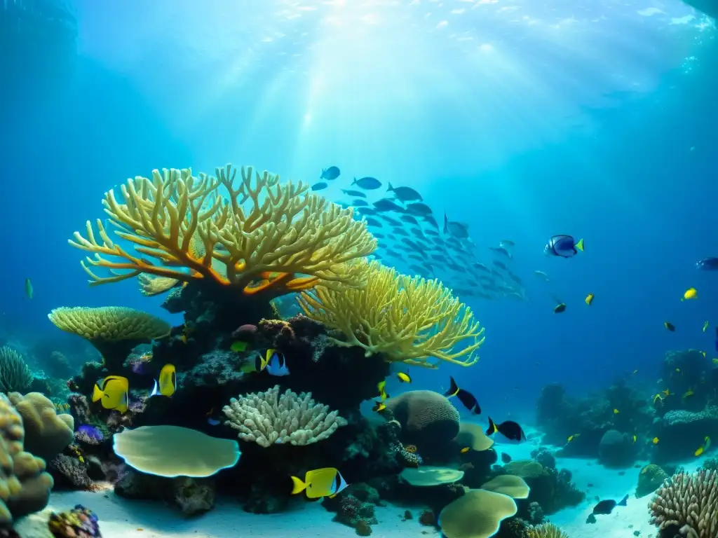 Un vibrante arrecife de coral submarino con una diversidad de peces tropicales de colores, creando un hermoso contraste