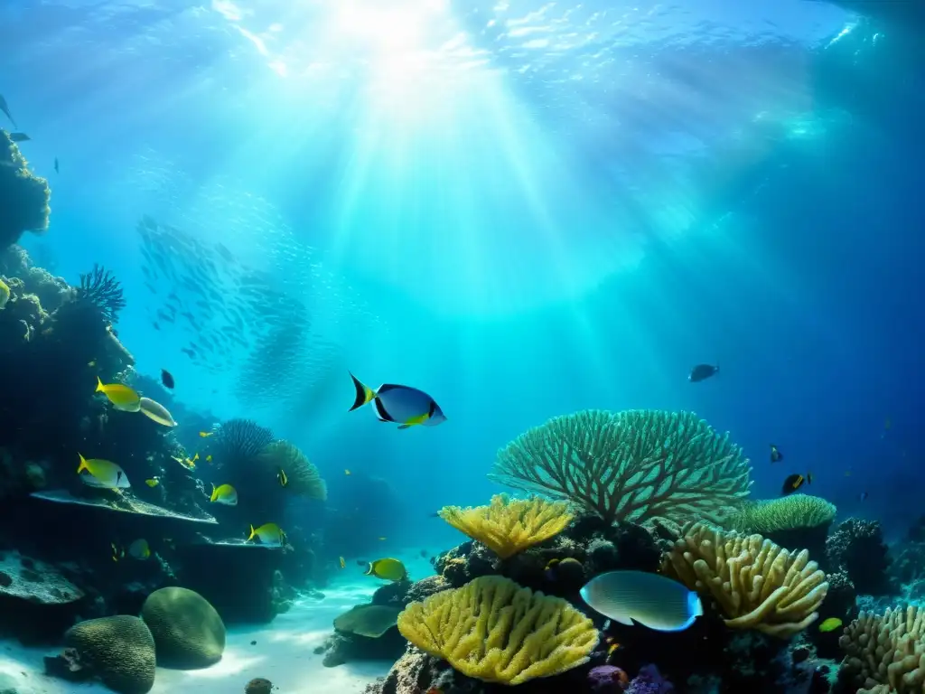 Un vibrante arrecife de coral submarino iluminado por la luz del sol, repleto de vida marina y rodeado de delicada flora acuática