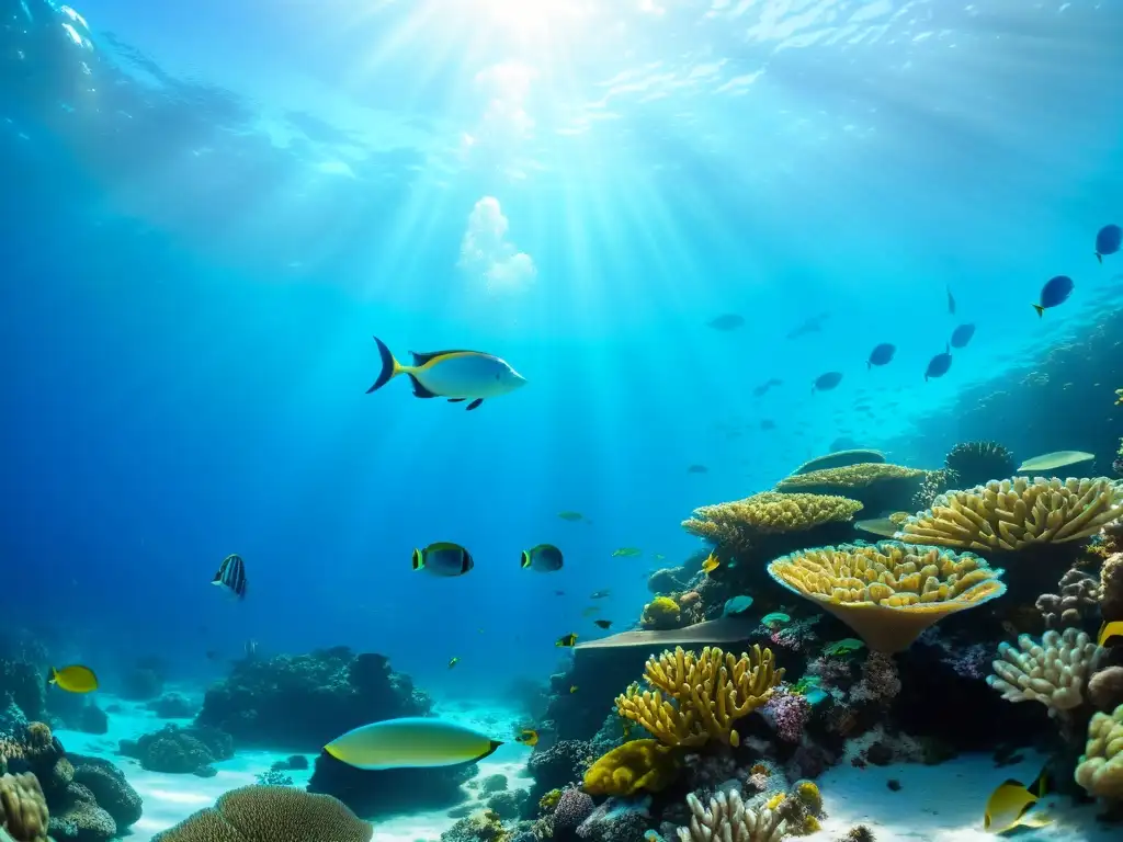 Un vibrante arrecife de coral submarino lleno de vida marina, con luz solar filtrándose a través del agua clara, resaltando el colorido coral y peces