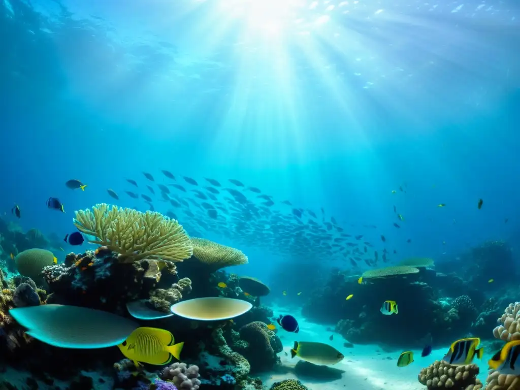 Un vibrante arrecife de coral submarino, con peces de colores y rayos de sol creando un juego de luces y sombras en el fondo del mar