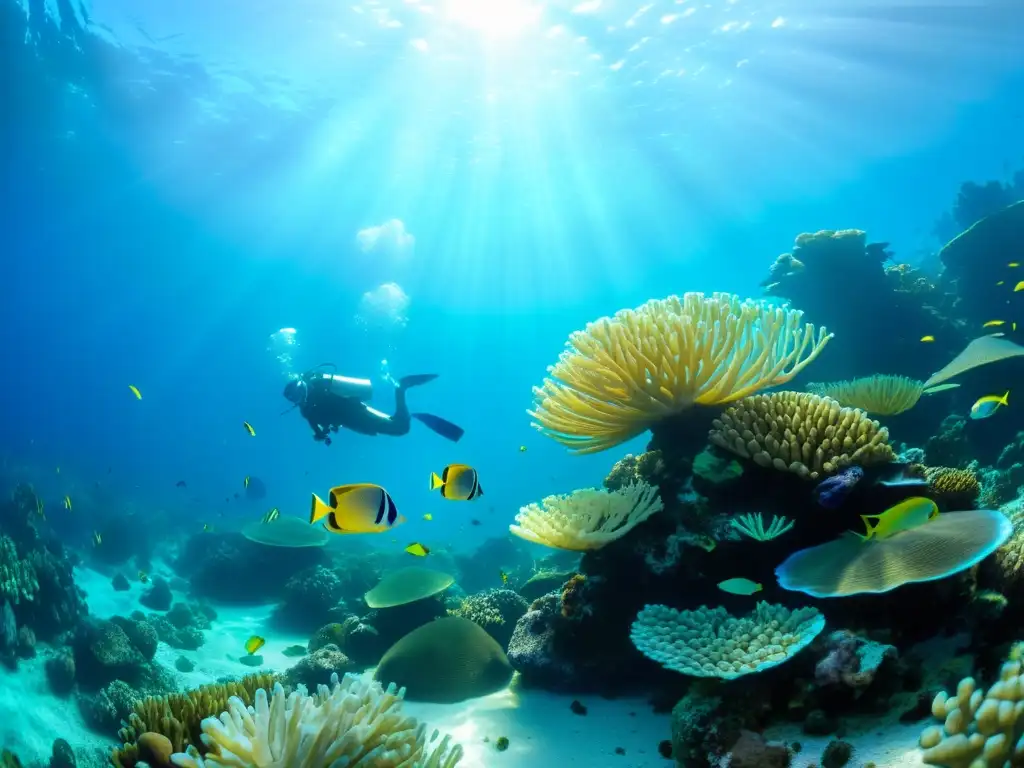 Un vibrante arrecife de coral teñido de vida marina, con peces coloridos, anémonas de mar y formaciones de coral