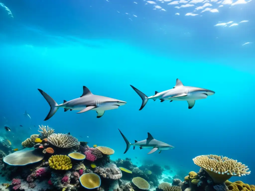 Vibrante arrecife de coral con tiburones, destacando la importancia de los tiburones para la salud de los océanos