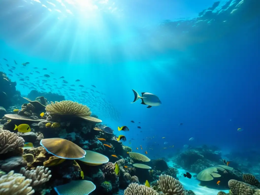 Un vibrante arrecife de coral en un tranquilo fondo marino; retiros de buceo y yoga marino