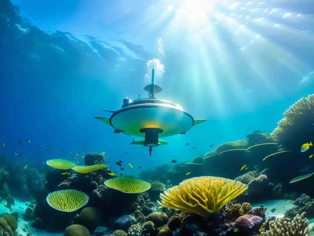 Vibrante arrecife de coral con turbinas integradas en el ecosistema marino