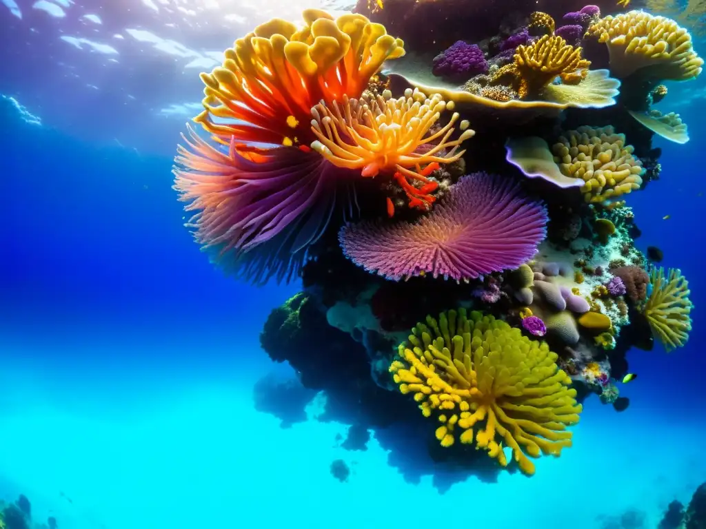 Arrecife de coral vibrante: un mundo submarino colorido Vibrante arrecife de coral con variedad de especies en tonos rojos, anémonas y peces