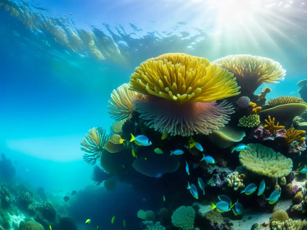 Un vibrante arrecife de coral con variedad de especies marinas vulnerables