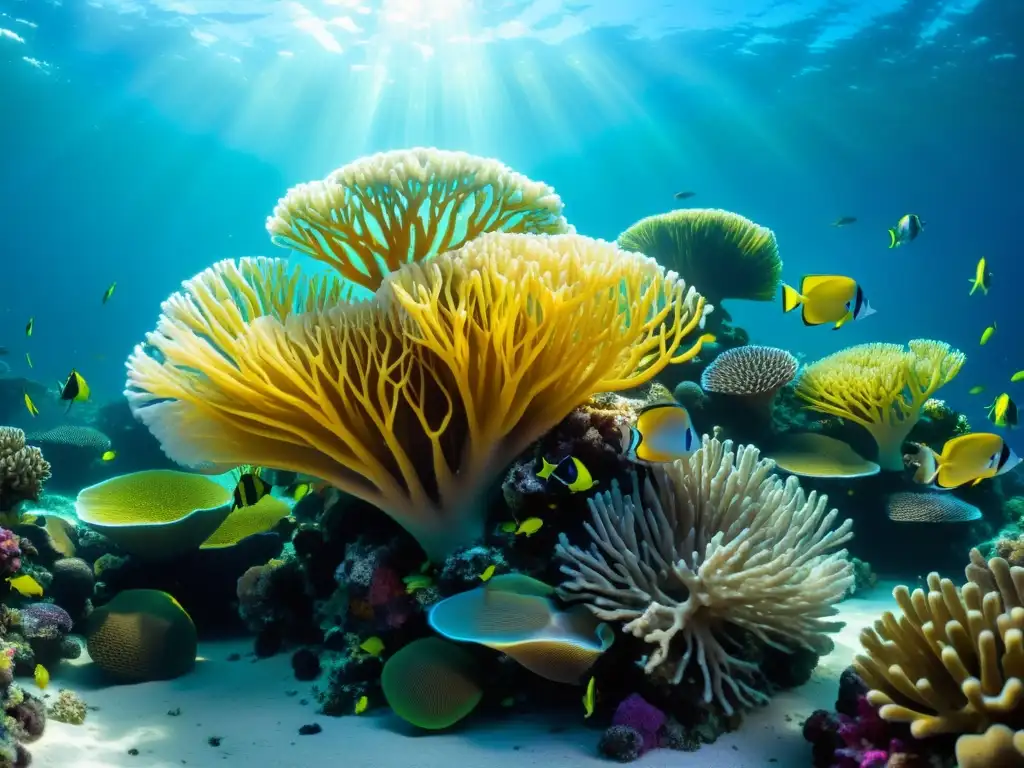 Un vibrante arrecife de coral con vida marina diversa y saludable, bañado por la luz solar