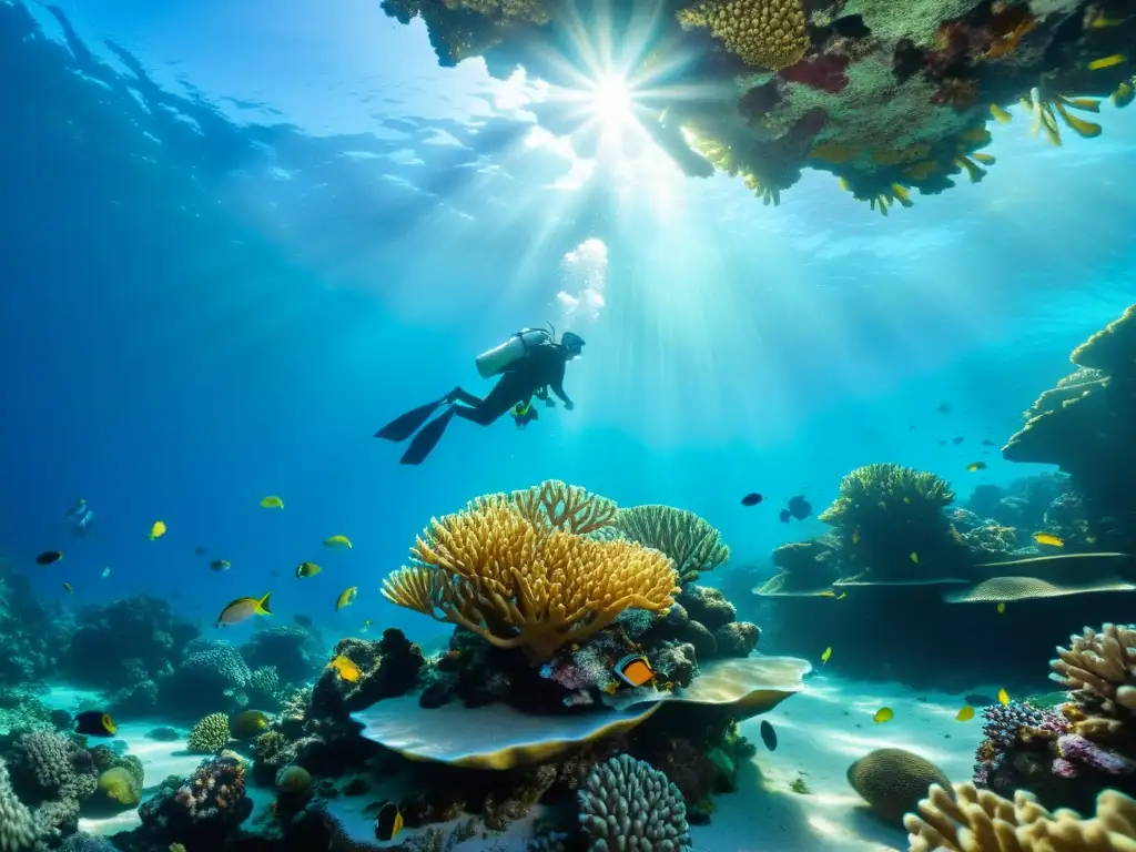 Un vibrante arrecife de coral con vida marina diversa: peces coloridos nadan entre formaciones intrincadas