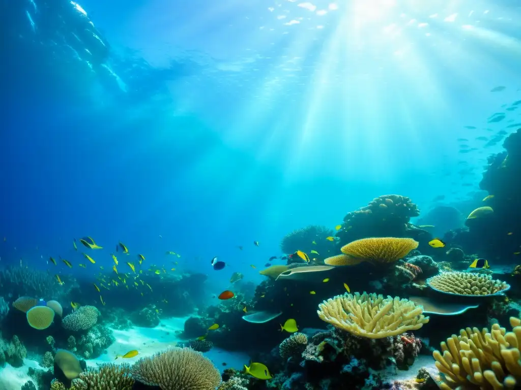 Vibrante arrecife de coral con vida marina, destacando la importancia del voluntariado en la protección de los océanos