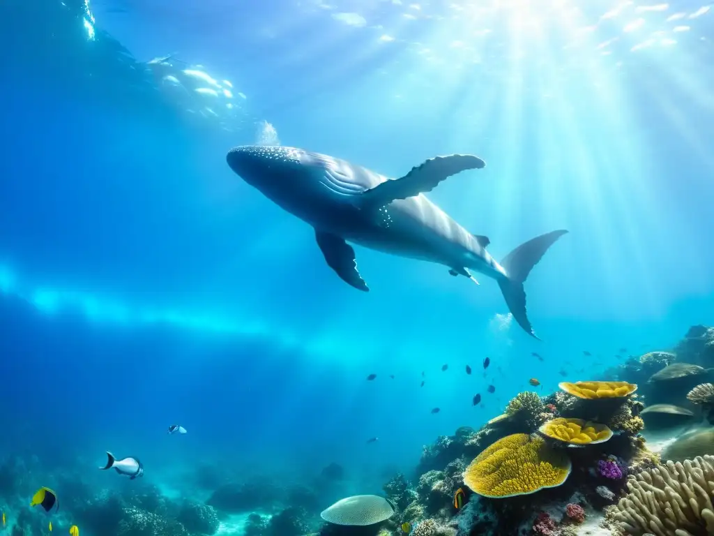 Vibrante arrecife de coral con vida marina diversa y majestuosas ballenas, un testimonio visual de Canciones del Mar conservación oceánica