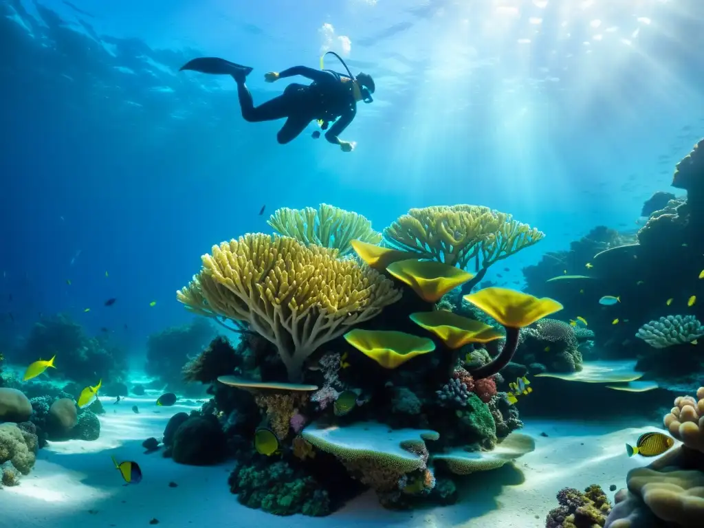 Vibrante arrecife de coral con vida marina y una silueta de superhéroe en traje acuático, simbolizando la protección marina superhéroes