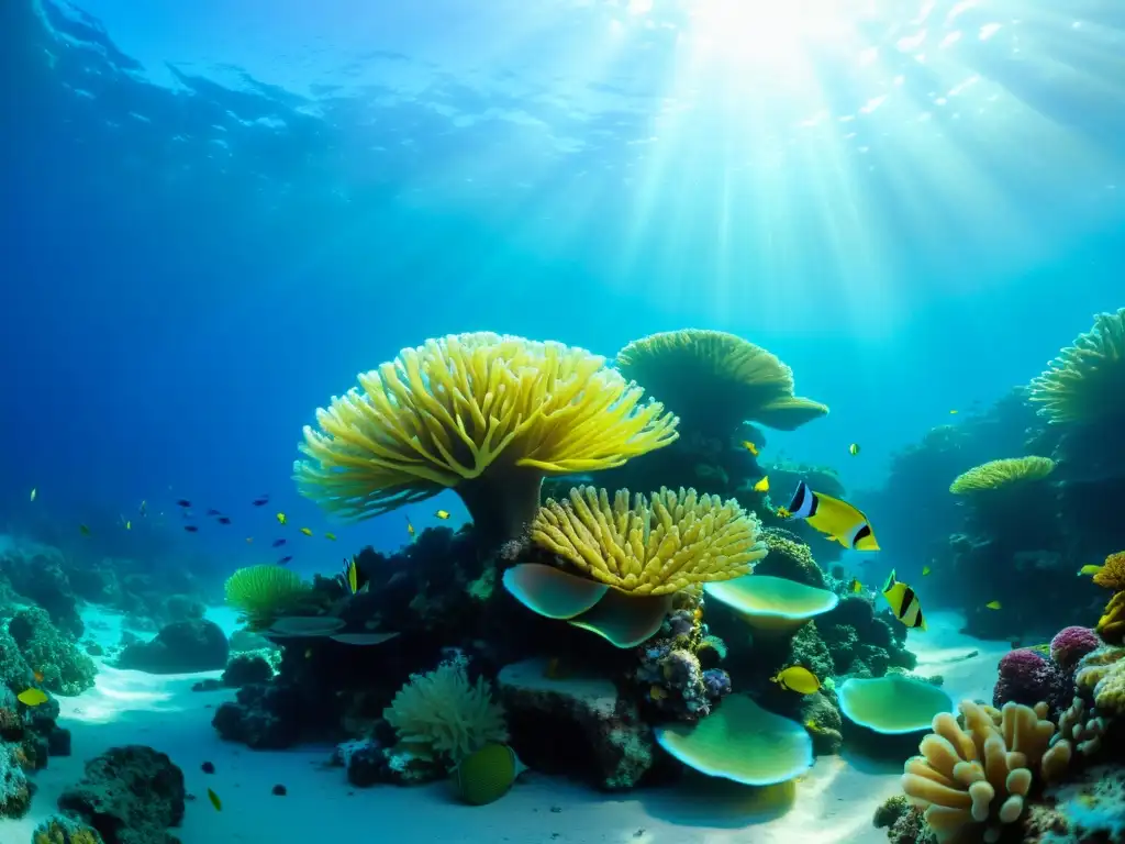 Vibrante arrecife de coral con vida marina variada y accesorios imprescindibles para buceo
