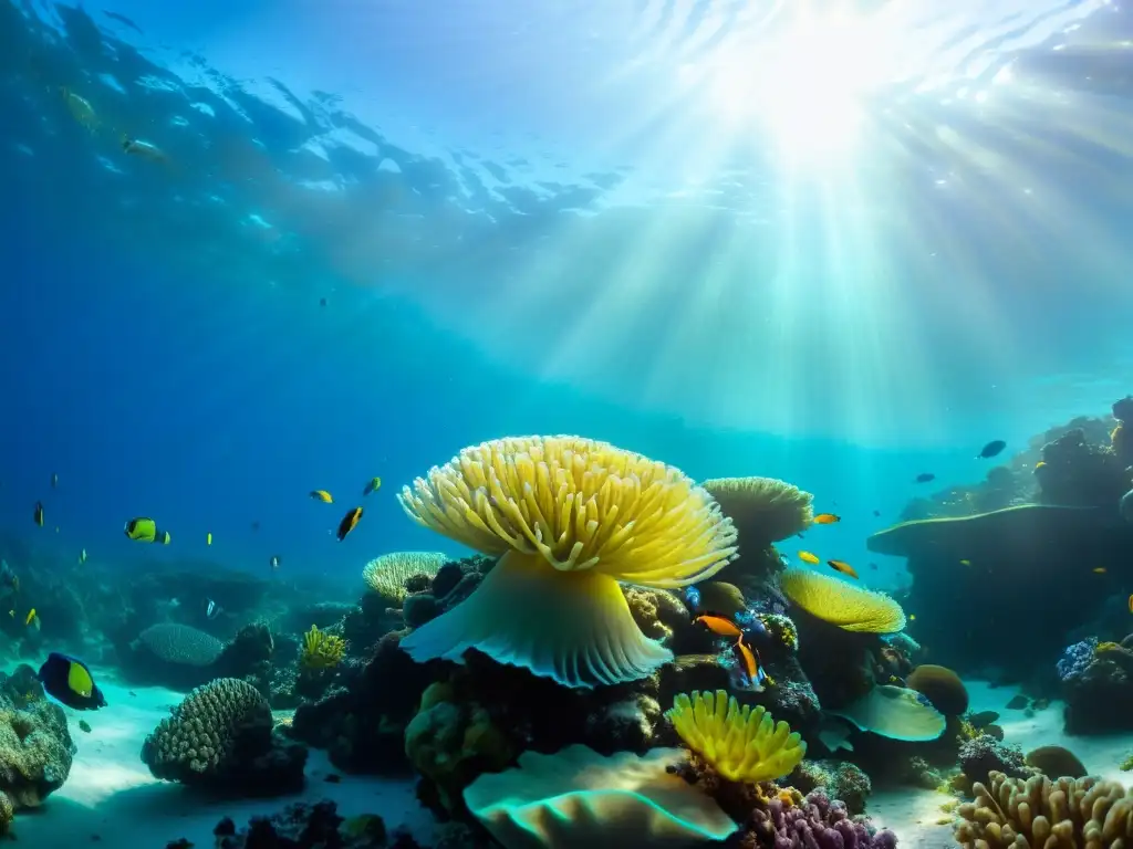 Vibrante arrecife de coral con vida marina diversa, resaltando la importancia de iniciativas conservación vida marina