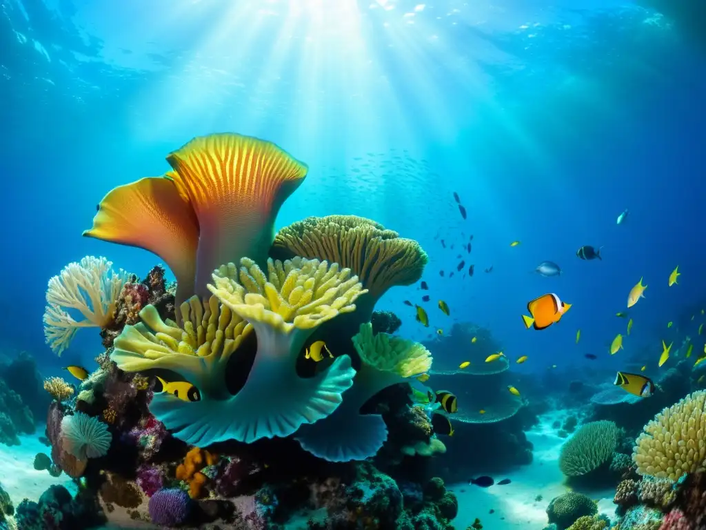Un vibrante arrecife de coral con vida marina, rayos de sol y ferias marinas leyendas del mar