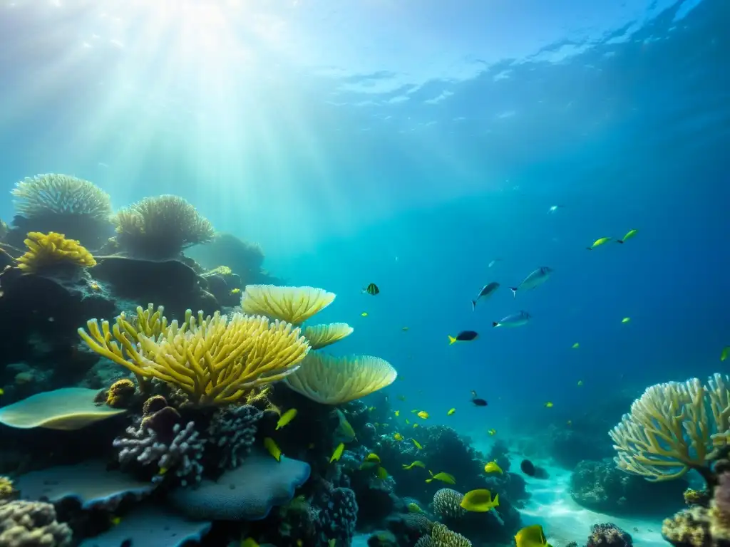 Vibrante arrecife de coral con vida marina y corrientes marinas, reflejo del ecosistema submarino y el efecto Coriolis