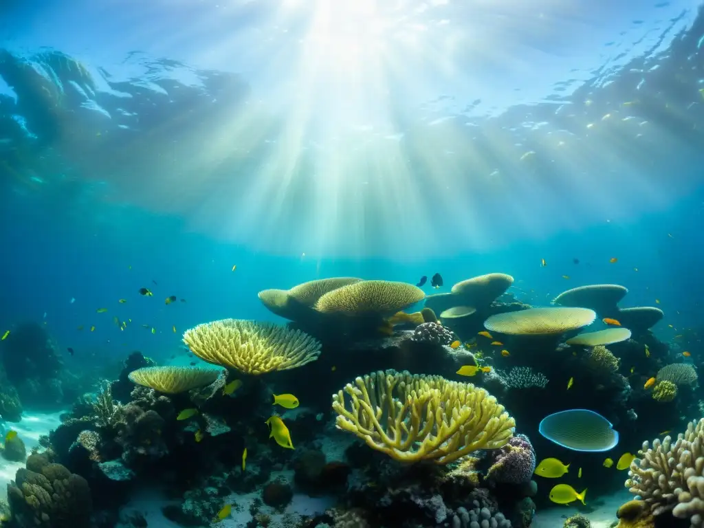 Vibrante arrecife de coral con vida marina exuberante, reflejando la importancia de mitigar el impacto del calentamiento global en los océanos