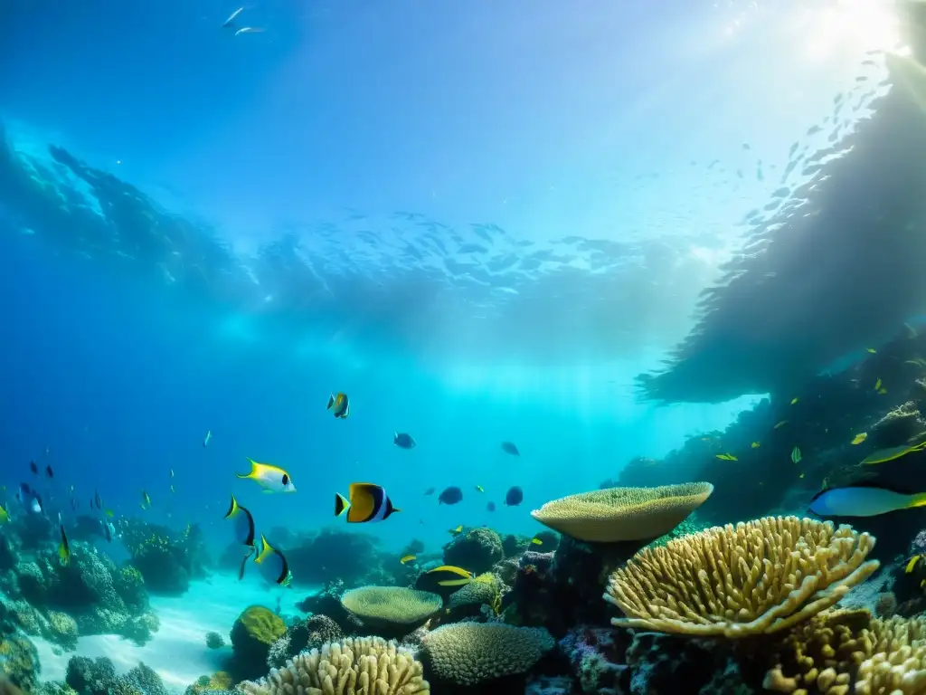 Fotografía submarina de conservación marina: Vibrante arrecife de coral con vida marina colorida y plantas marinas ondulantes