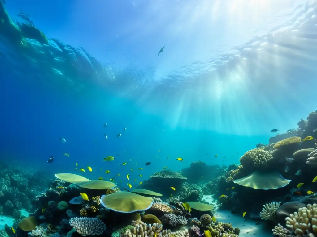 Un vibrante arrecife de coral con vida marina diversa, destacando la importancia de la pesca sostenible en el ecosistema marino