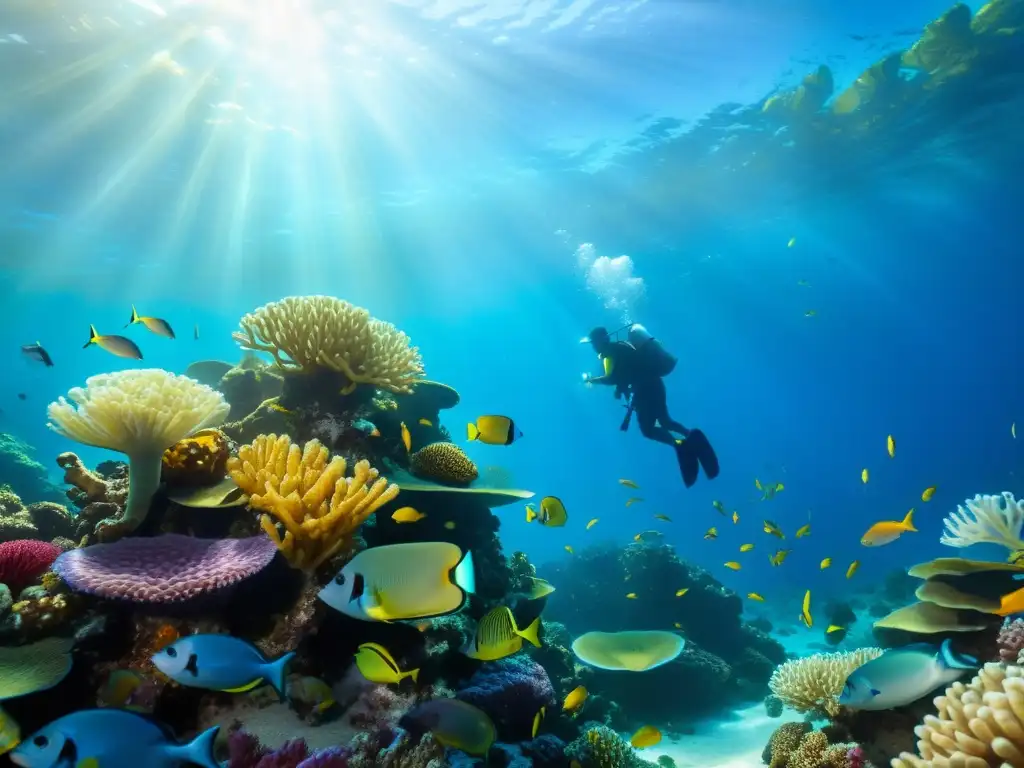 Vibrante arrecife de coral con vida marina colorida bajo el cálido brillo dorado del agua cristalina