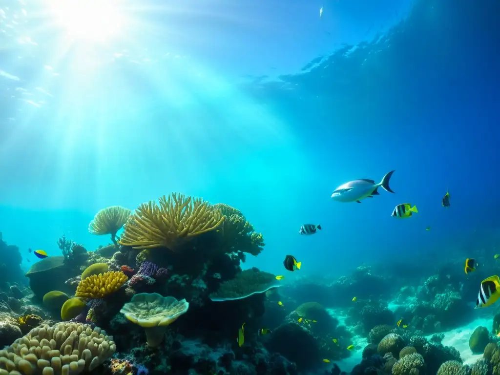 Vibrante arrecife de coral con vida marina exótica y luz solar filtrada, evocando la influencia asiática en alta gama mariscos