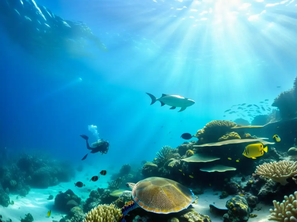 Un vibrante arrecife de coral con vida marina exótica, plantas marinas y tortugas en aguas cristalinas