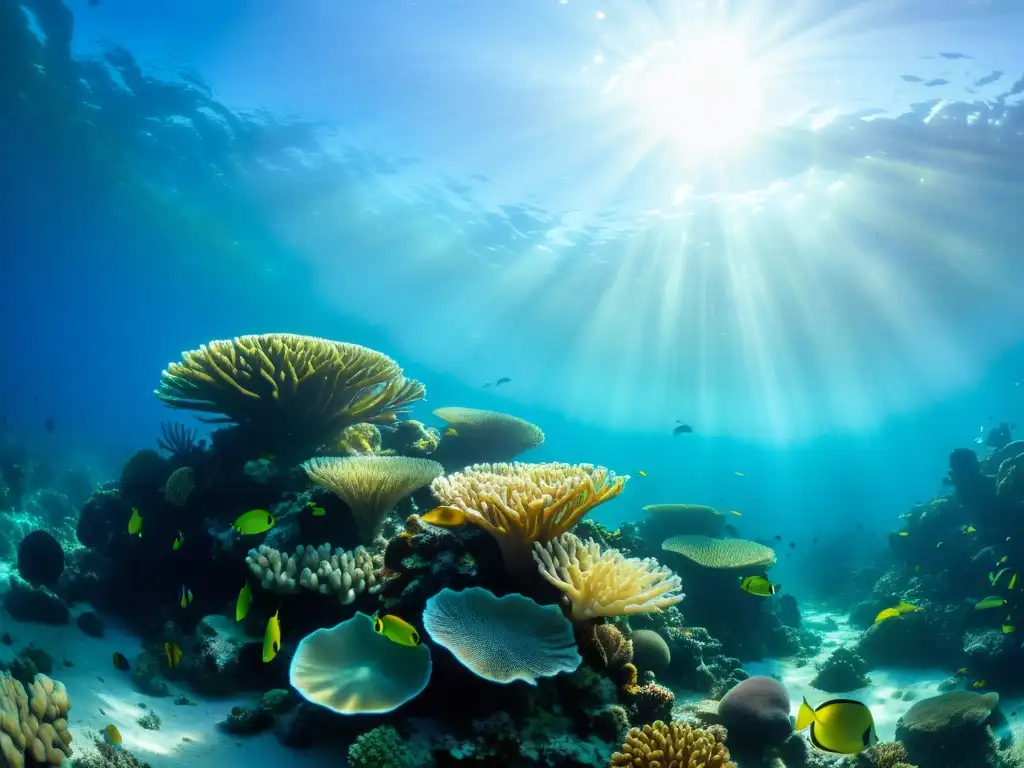 Un vibrante arrecife de coral con vida marina colorida y diversa, iluminado por el sol