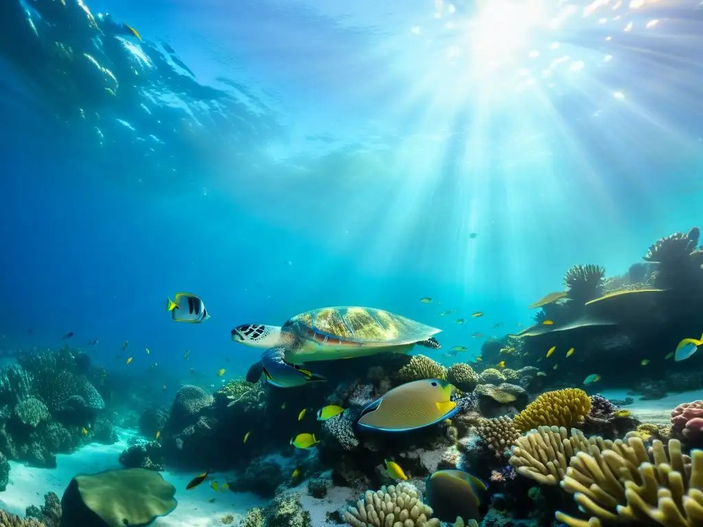 Un vibrante arrecife de coral con vida marina diversa y colorida, bañado por la luz del sol