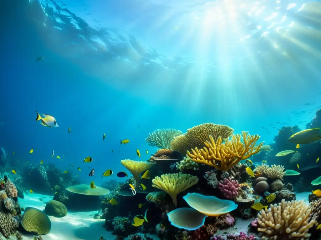 Vibrante arrecife de coral con vida marina diversa bajo el agua clara, reflejando el ecosistema marino