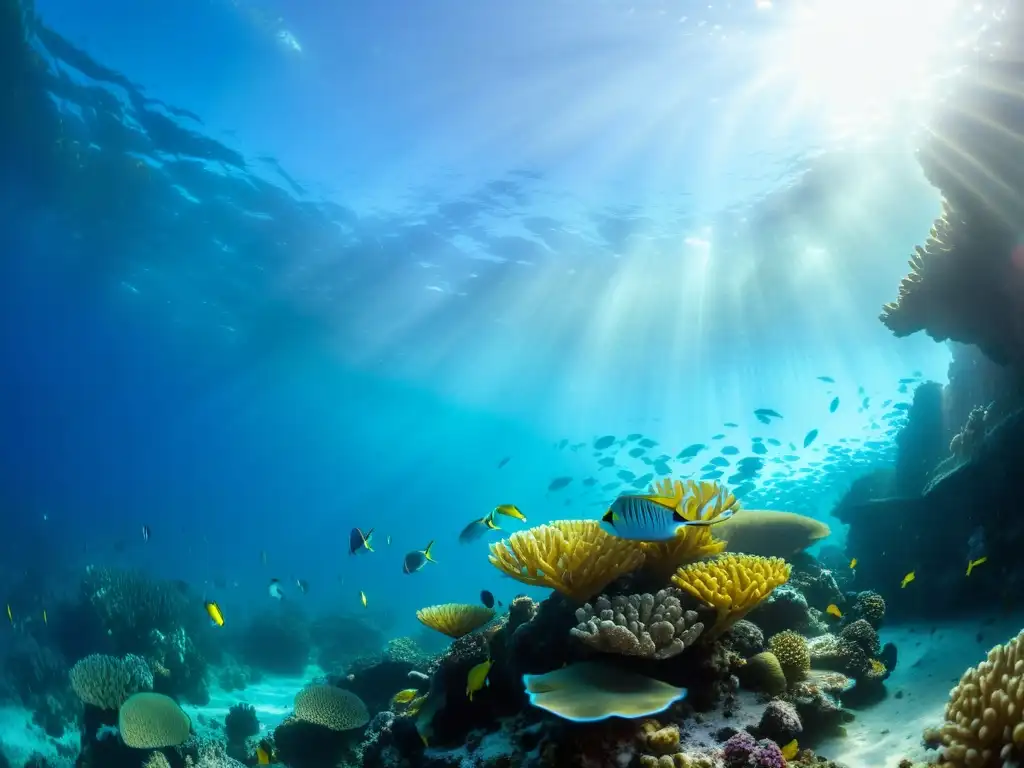 Vibrante arrecife de coral con vida marina, sol filtrándose en el agua y peces brillantes