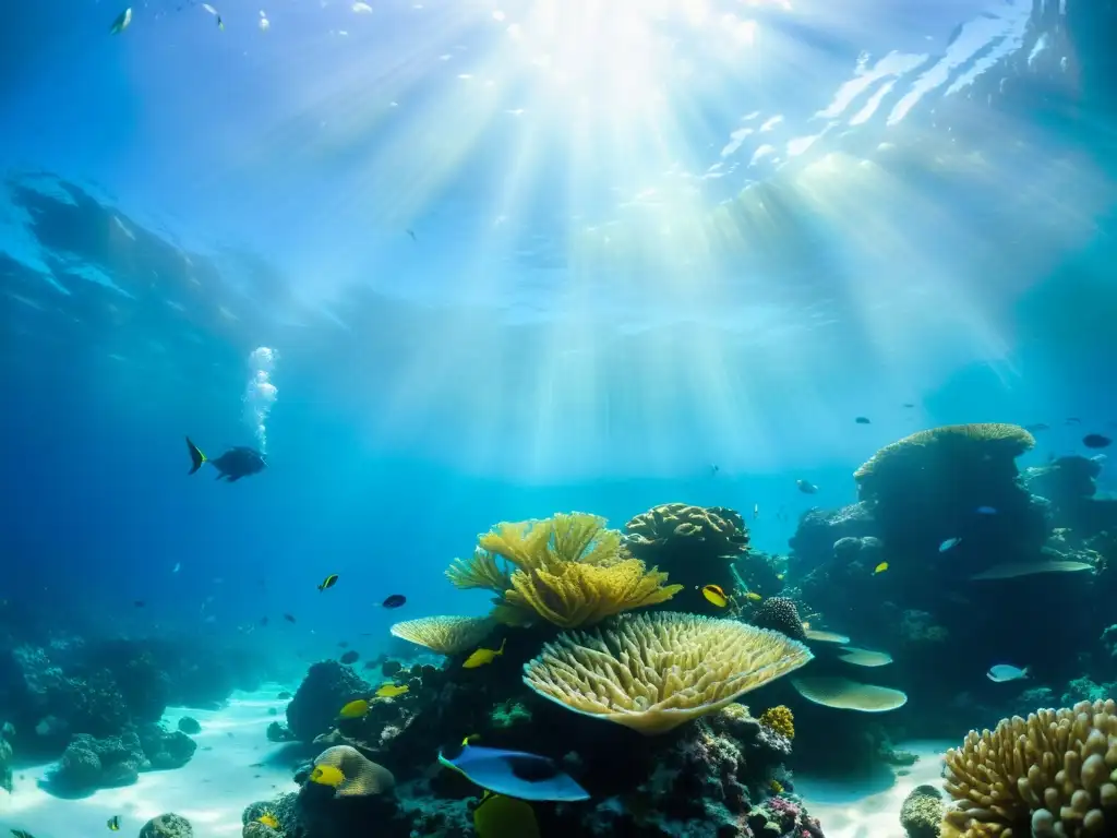 Vibrante arrecife de coral con vida marina, luz solar filtrándose