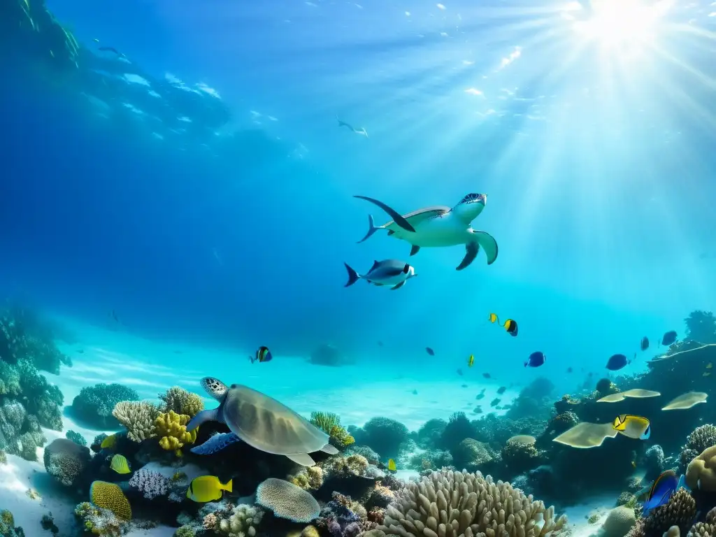 Vibrante arrecife de coral con vida marina en trajes de baño estampados, bajo el agua turquesa cristalina