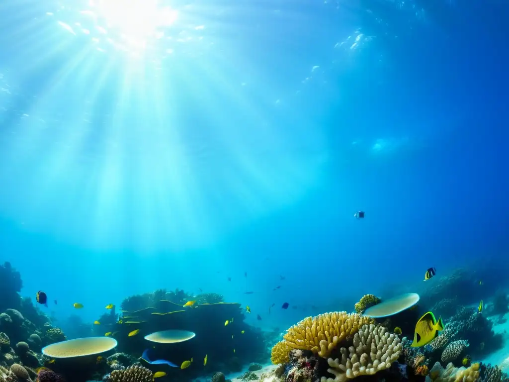 Un vibrante arrecife de coral con vida marina en tonos azules, amarillos y naranjas