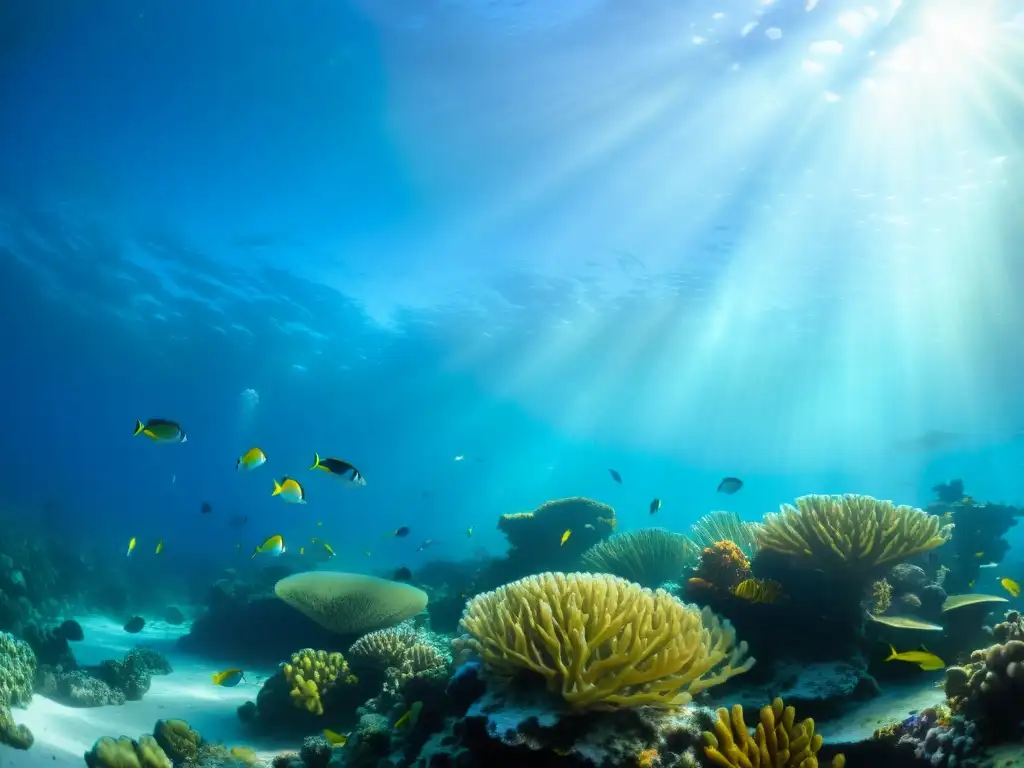 Vibrante arrecife de coral con vida marina, plantas y luz solar creando patrones en el fondo marino