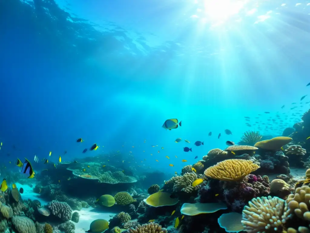 Vibrante arrecife de coral con vida marina exuberante y sutil belleza, muestra consecuencias desastre Fukushima vida marina