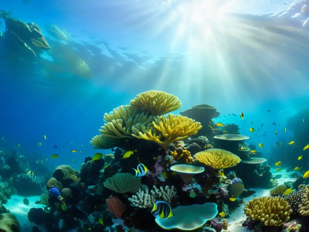 Vibrante arrecife de coral con vida marina diversa, iluminado por la luz solar