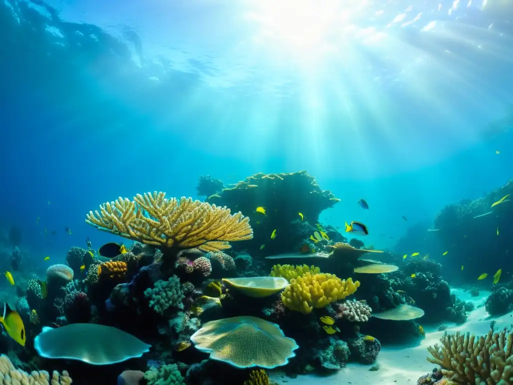 Un vibrante arrecife de coral con vida marina colorida y plantas marinas, creando un equilibrio natural con cosméticos marinos para equilibrio natural