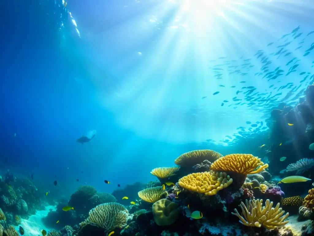 Un vibrante arrecife de coral con vida marina colorida, beneficios colágeno marino piel