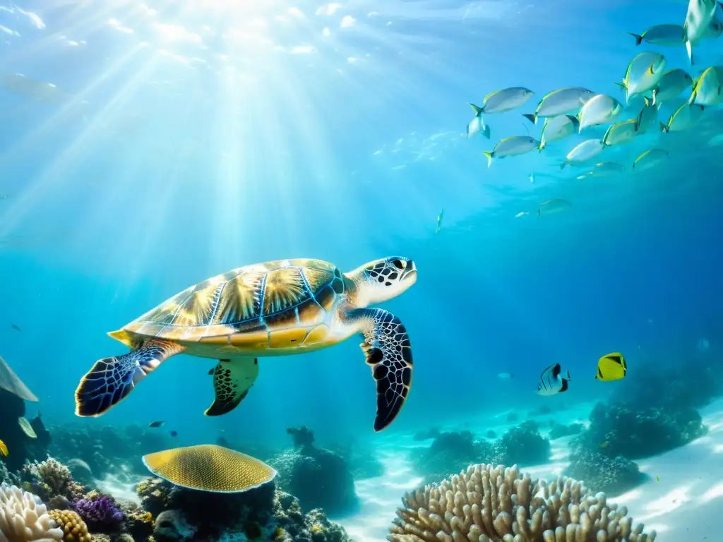 Un vibrante arrecife de coral con vida marina colorida y el sol filtrándose a través del agua cristalina