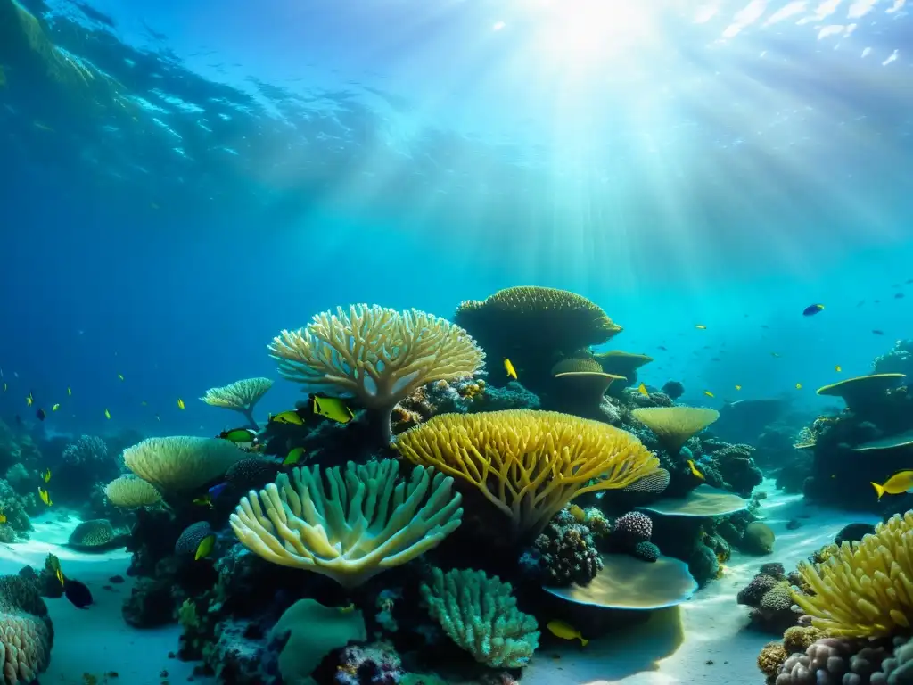 Un vibrante arrecife de coral en 8k con vida marina diversa y colorida, filtrando la luz solar