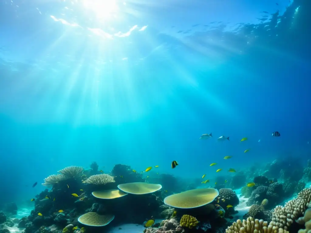 Vibrante arrecife de coral con vida marina, aguas cristalinas y luz solar creando una atmósfera etérea