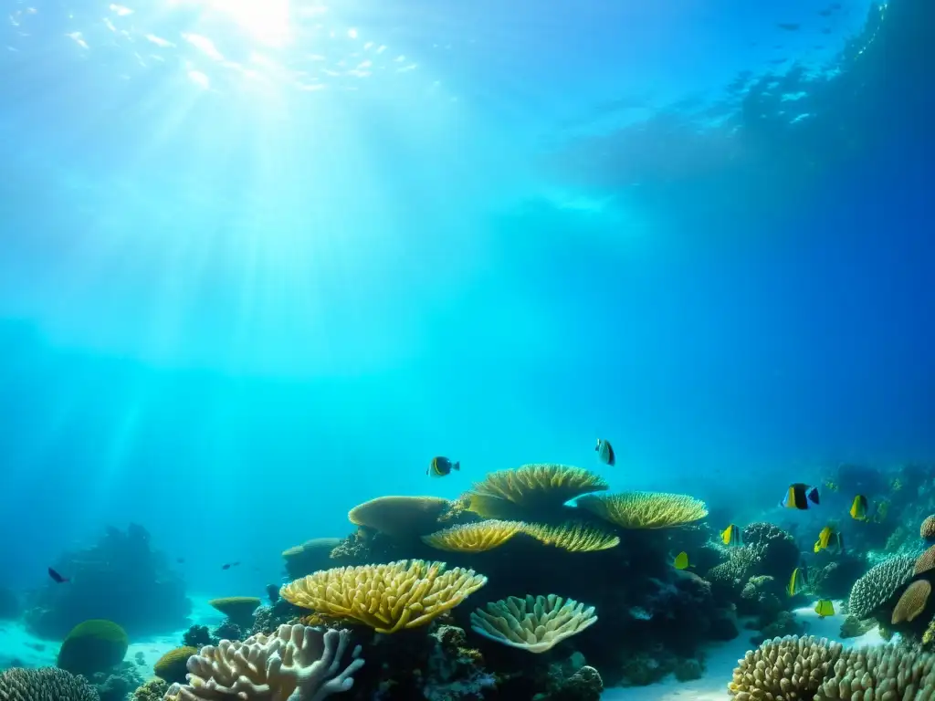 Vibrante arrecife de coral con vida marina, luz filtrada y movimiento, reflejando tecnología acuarios coral exitosos