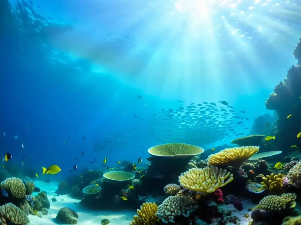 Vibrante arrecife de coral con vida marina, incluyendo el Camino de las anguilas oceánicas, bajo la luz del sol en el agua cristalina