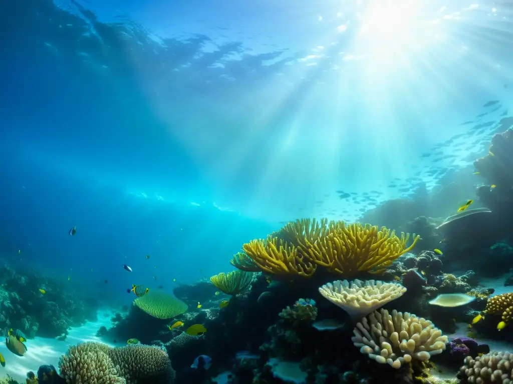 Vibrante arrecife de coral con vida marina diversa, iluminado por el sol