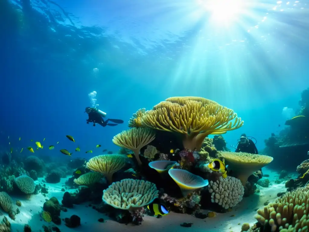 Vibrante arrecife de coral con vida marina diversa y científicos haciendo monitoreo marino colaborativo