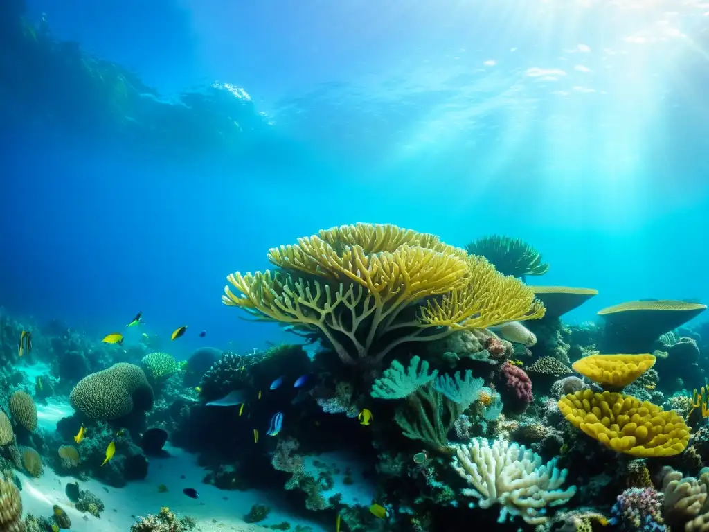 Vibrante arrecife de coral con vida marina variada y aguas azules, muestra impacto de la contaminación plástica en los océanos