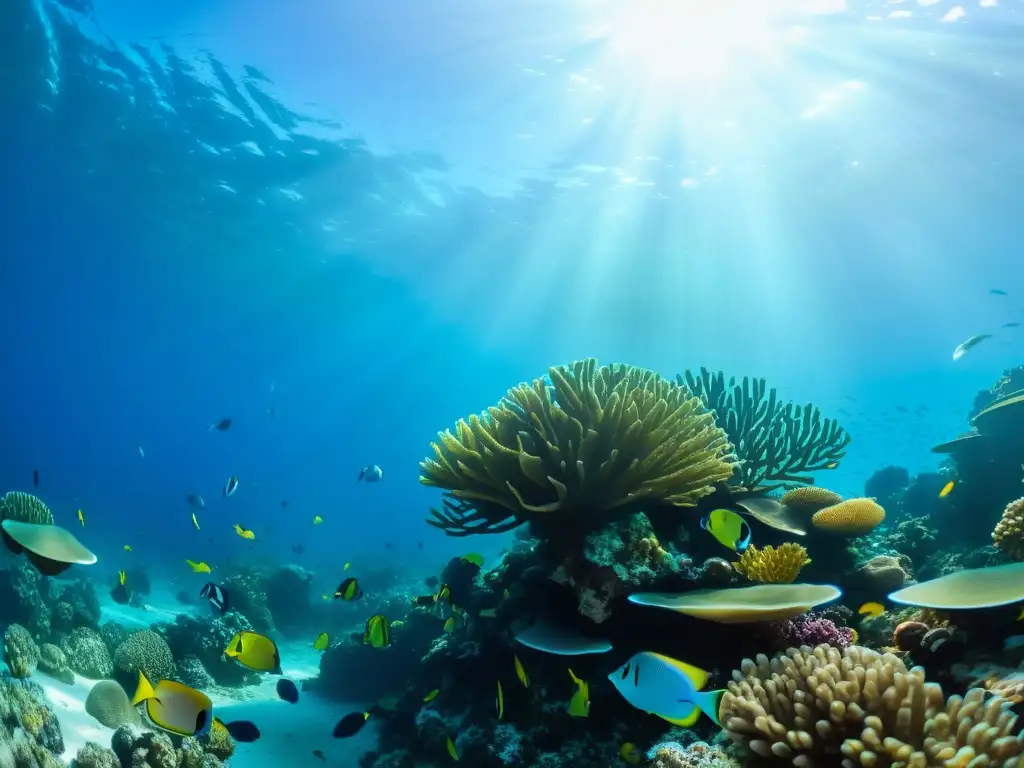 Un vibrante arrecife de coral con vida marina diversa en aguas cristalinas