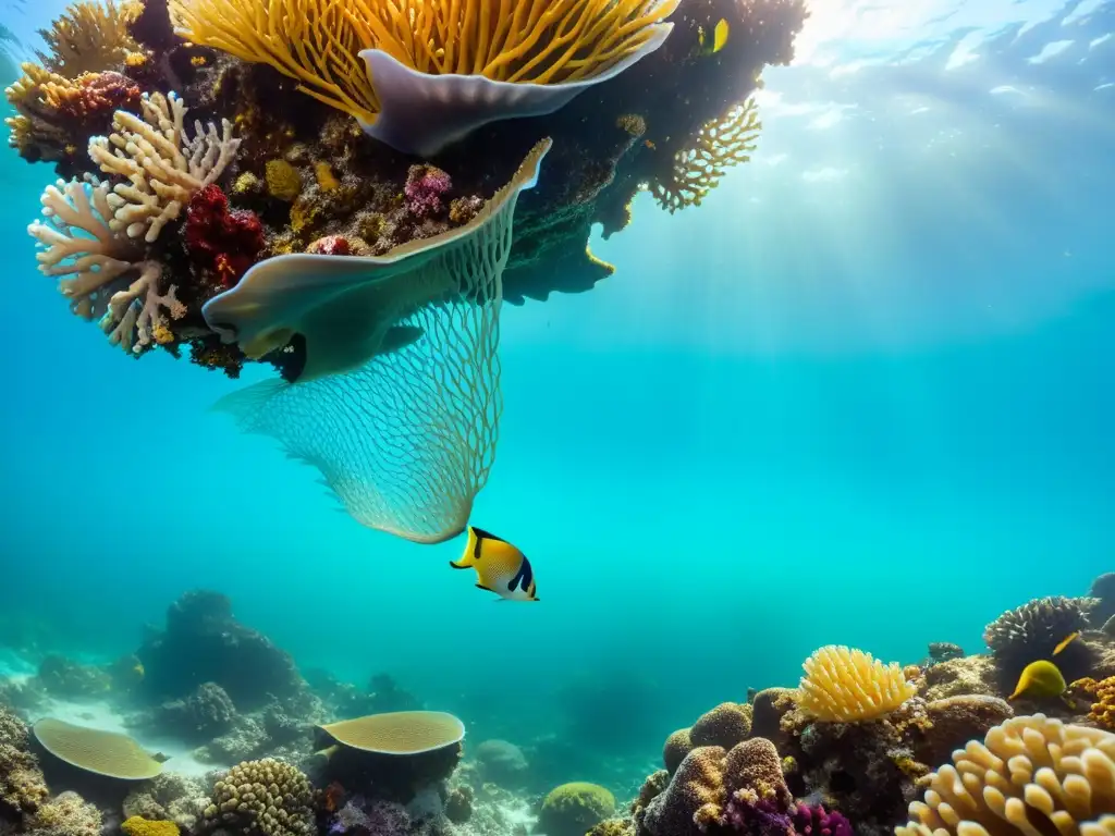 Vibrante arrecife de coral con vida marina y peligro de plástico