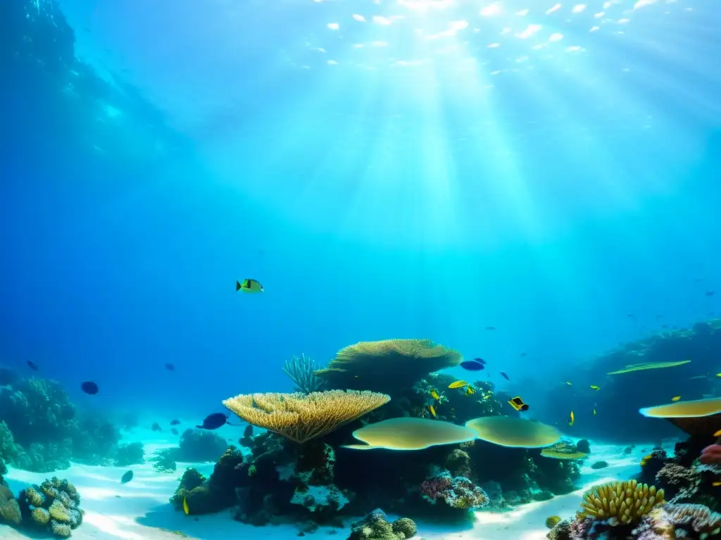 Una fotografía submarina muestra un vibrante arrecife de coral con vida marina, transmitiendo tranquilidad y la belleza del mundo submarino