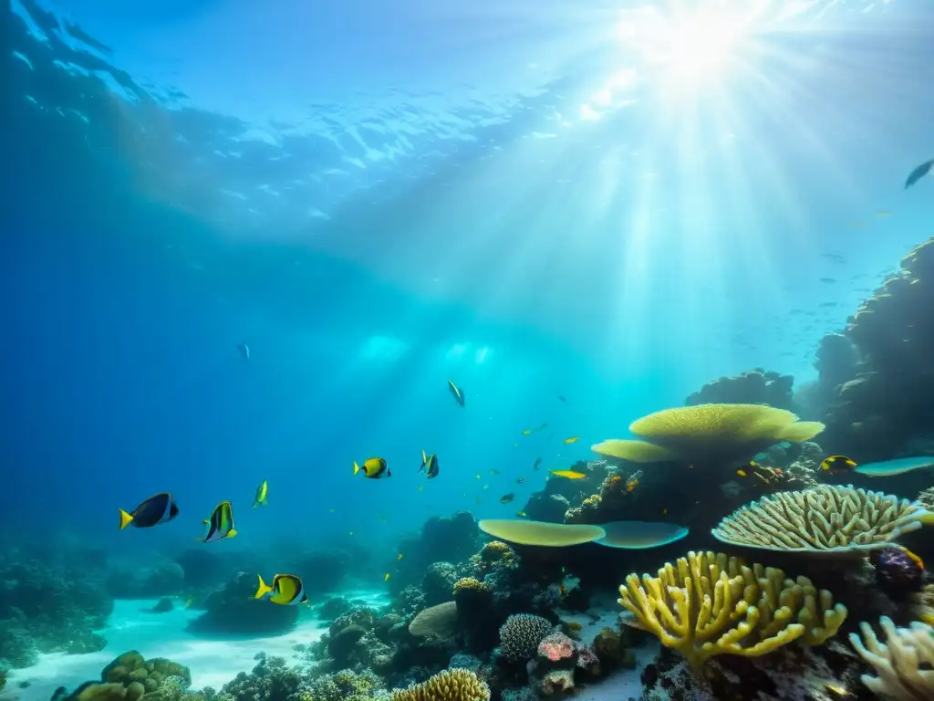 Vibrante arrecife de coral con vida marina diversa, peces coloridos, plantas marinas y ecosistema submarino iluminado por la luz solar